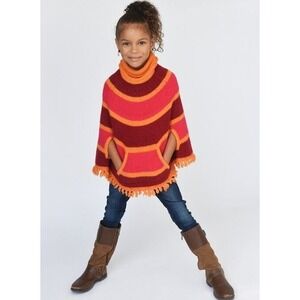 Baby Gap Toddler Knit Poncho 2T Striped Orange Pink Fringe Cape Sweater‎